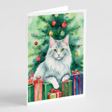 Turkish Angora Cat By the Christmas Tree Greeting Cards Pack of 8