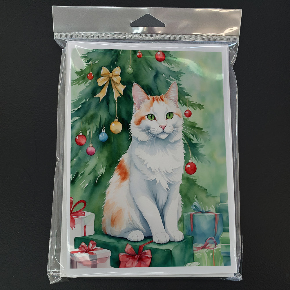 Turkish Van Cat By the Christmas Tree Greeting Cards Pack of 8