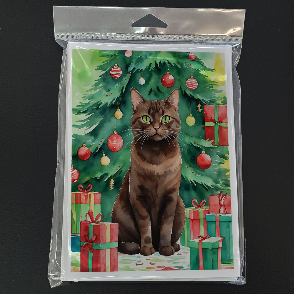 York Chocolate Cat By the Christmas Tree Greeting Cards Pack of 8