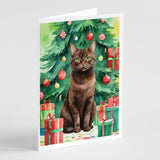 York Chocolate Cat By the Christmas Tree Greeting Cards Pack of 8