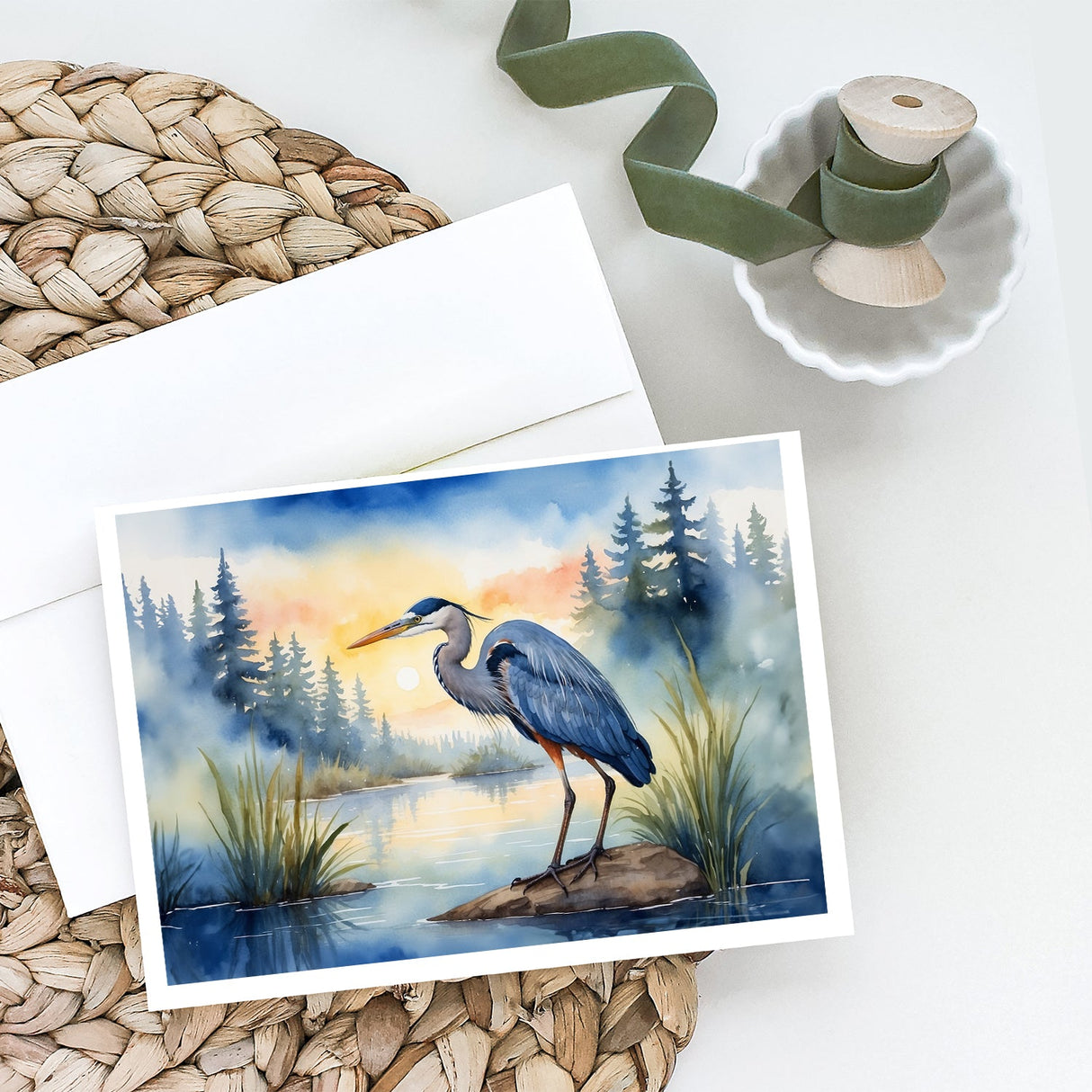 Blue Heron Emerging as the day fades Greeting Cards Pack of 8