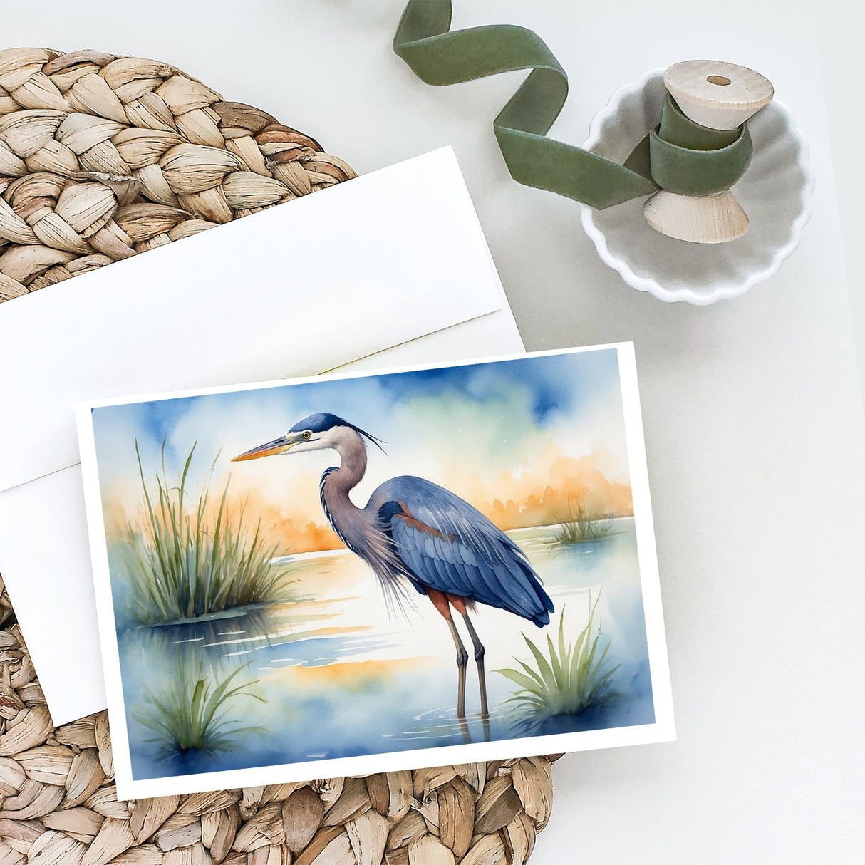 Blue Heron Emerging as the day fades Greeting Cards Pack of 8