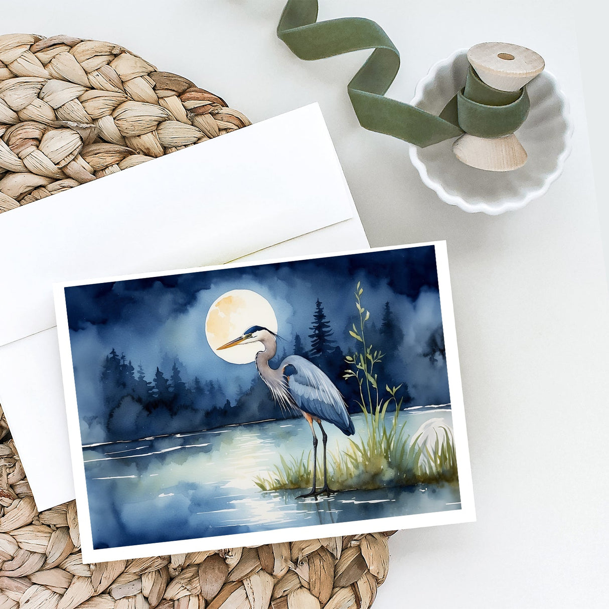 Blue Heron Under the Moonlight Greeting Cards Pack of 8