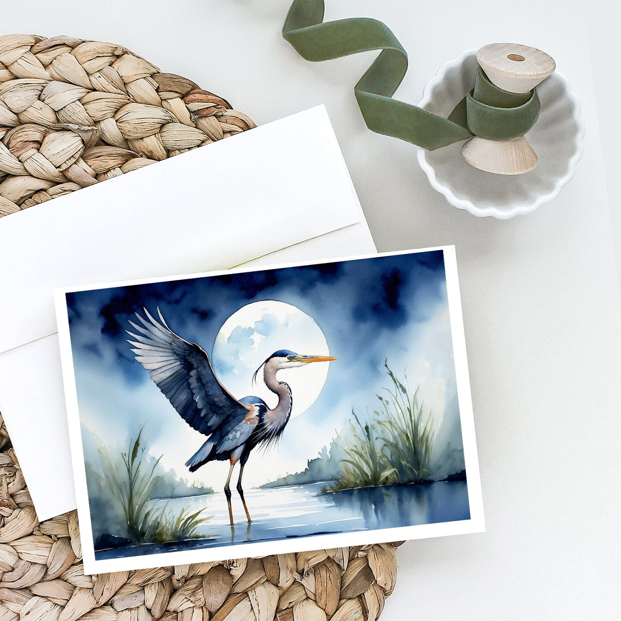 Blue Heron Under the Moonlight Greeting Cards Pack of 8