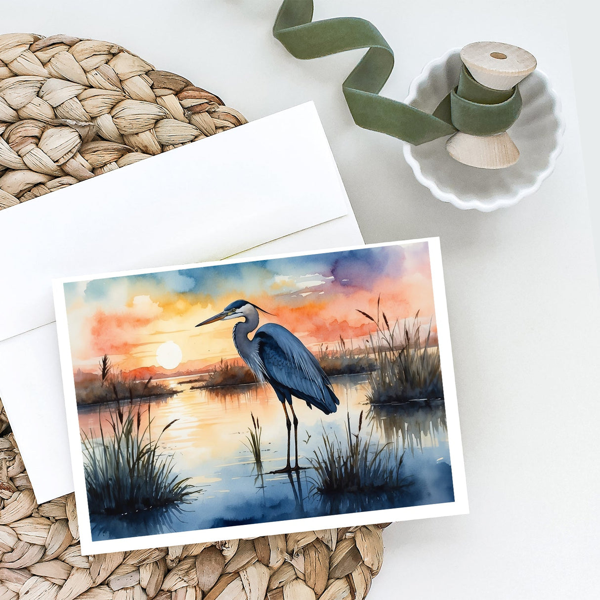 Blue Heron Setting Sun Greeting Cards Pack of 8