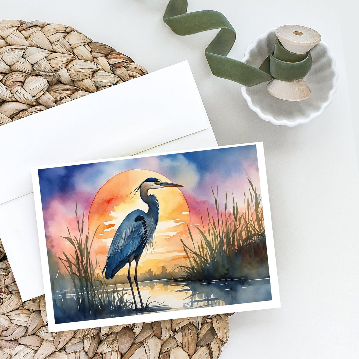 Blue Heron Setting Sun Greeting Cards Pack of 8