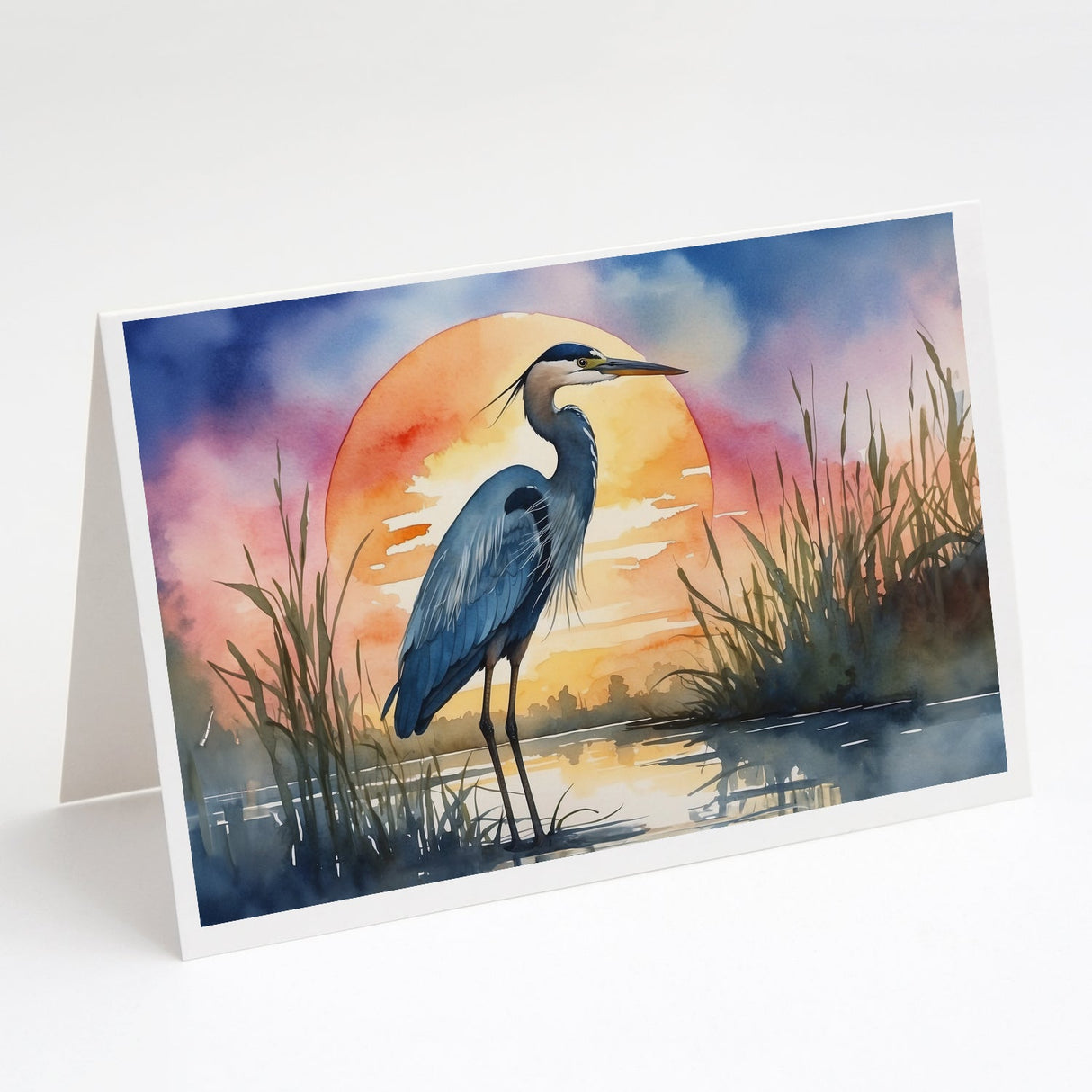 Blue Heron Setting Sun Greeting Cards Pack of 8