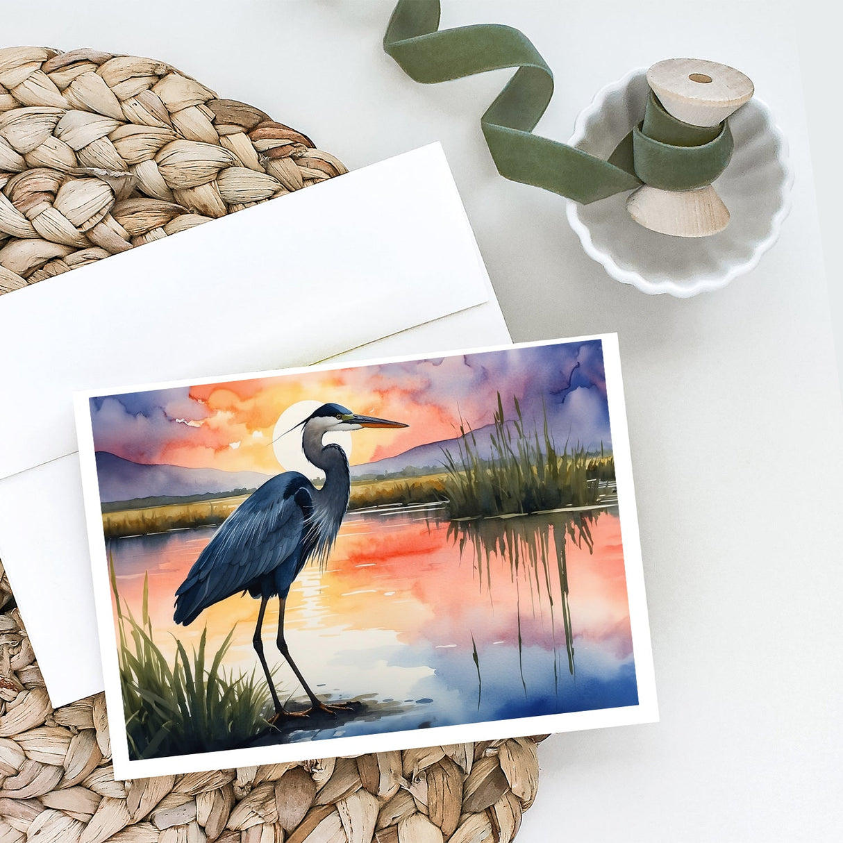 Blue Heron Setting Sun Greeting Cards Pack of 8