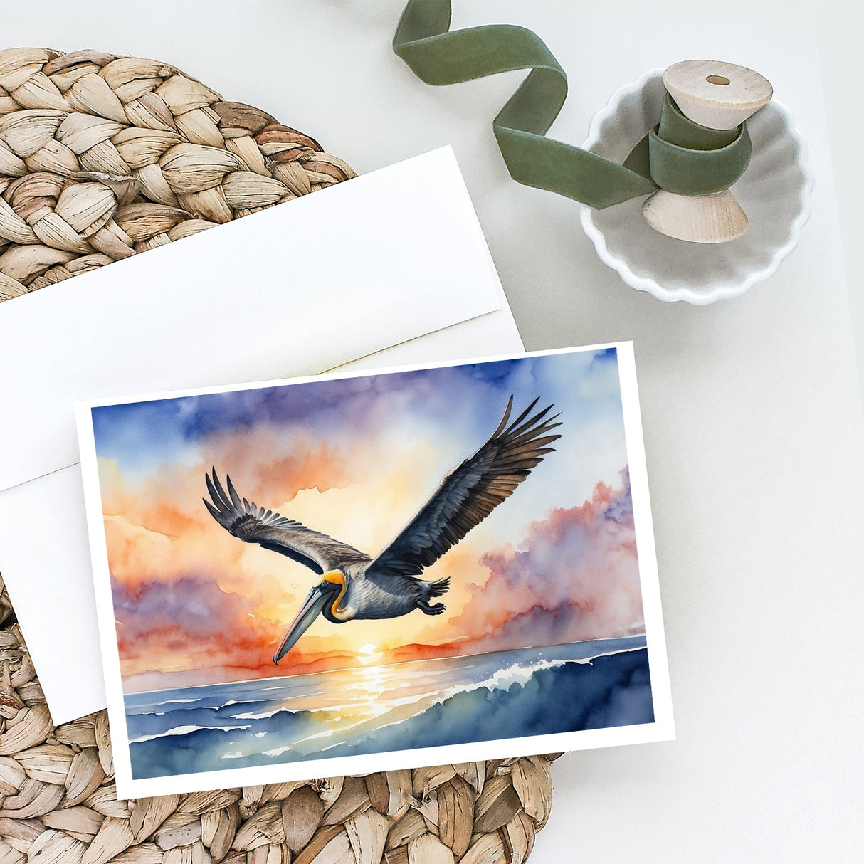 Pelican Fyling at Sunrise Greeting Cards Pack of 8