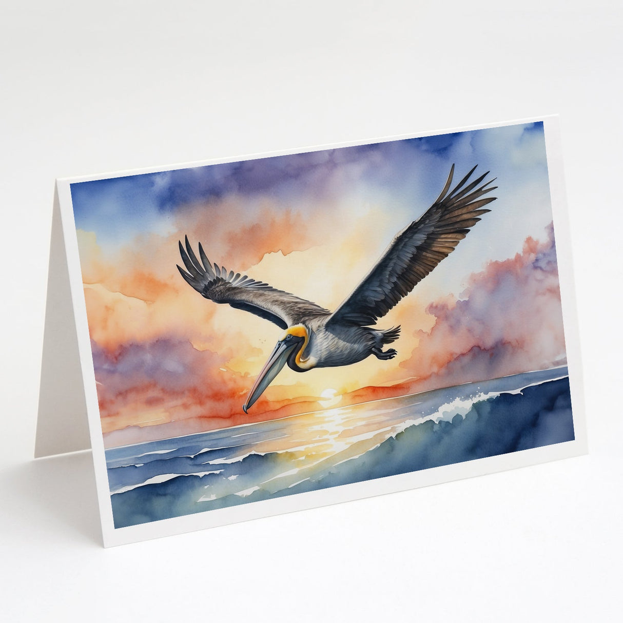 Pelican Fyling at Sunrise Greeting Cards Pack of 8