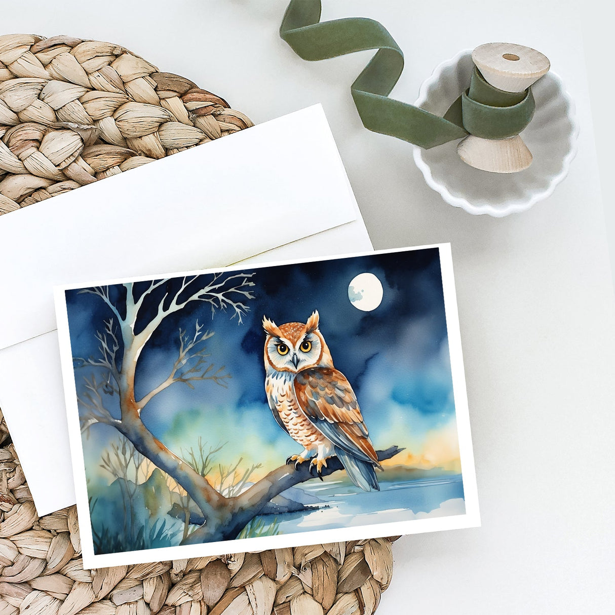 Owl Perched in Coastal Tree Greeting Cards Pack of 8