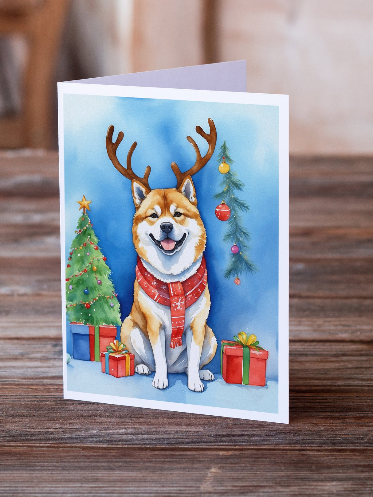 Akita Christmas Reindeer Greeting Cards Pack of 8