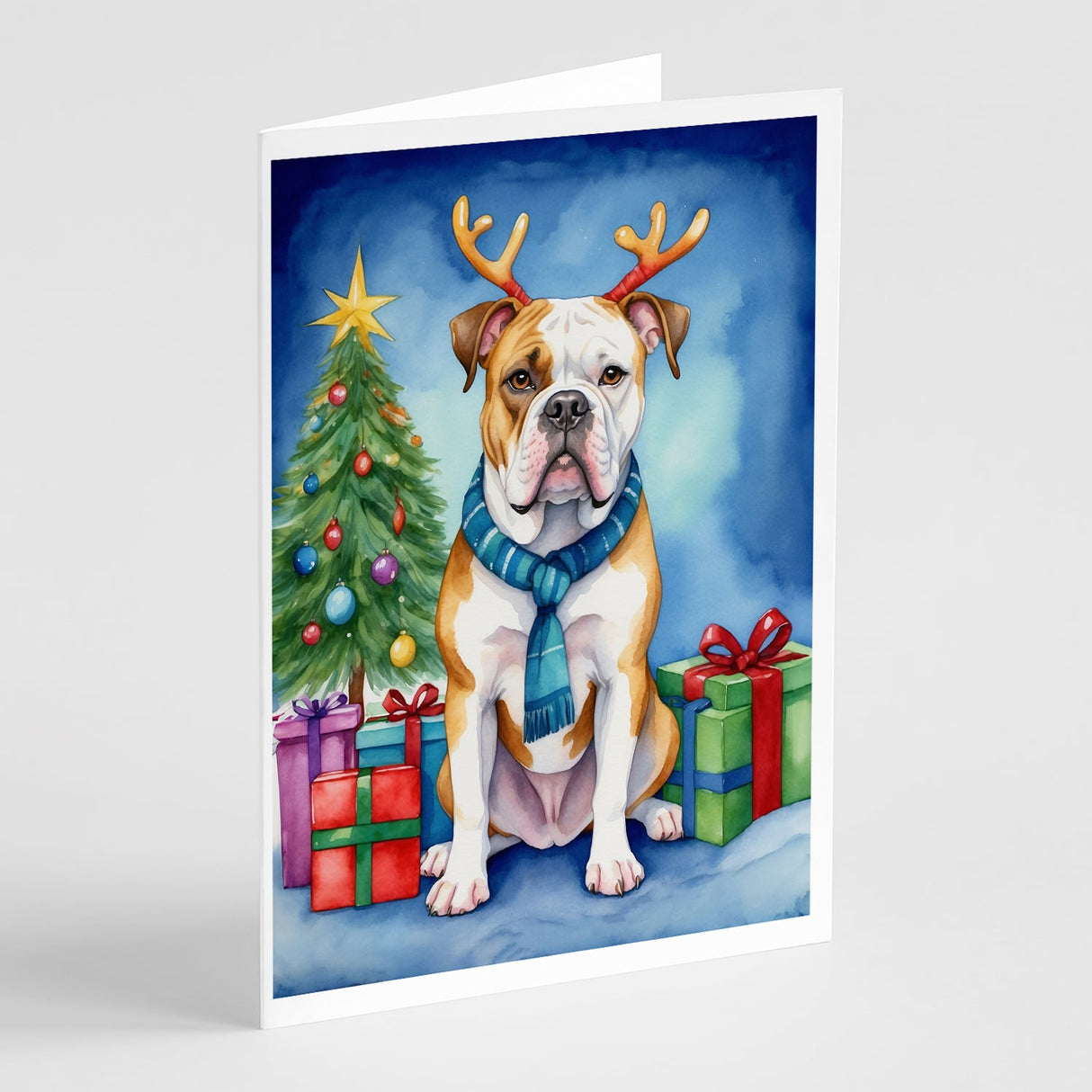 American Bulldog Christmas Reindeer Greeting Cards Pack of 8