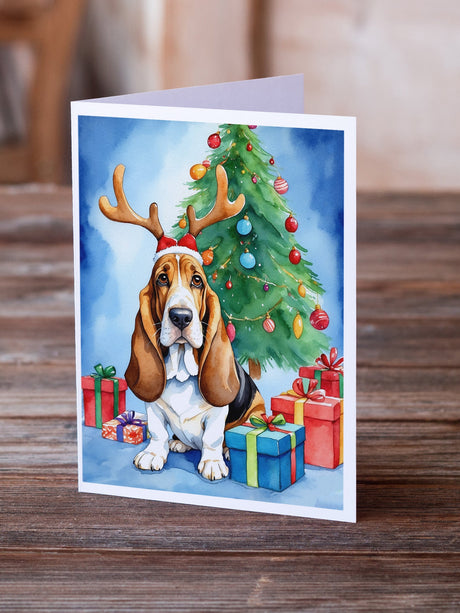 Basset Hound Christmas Reindeer Greeting Cards Pack of 8