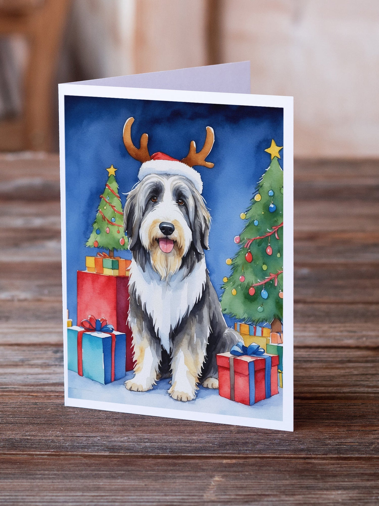 Bearded Collie Christmas Reindeer Greeting Cards Pack of 8