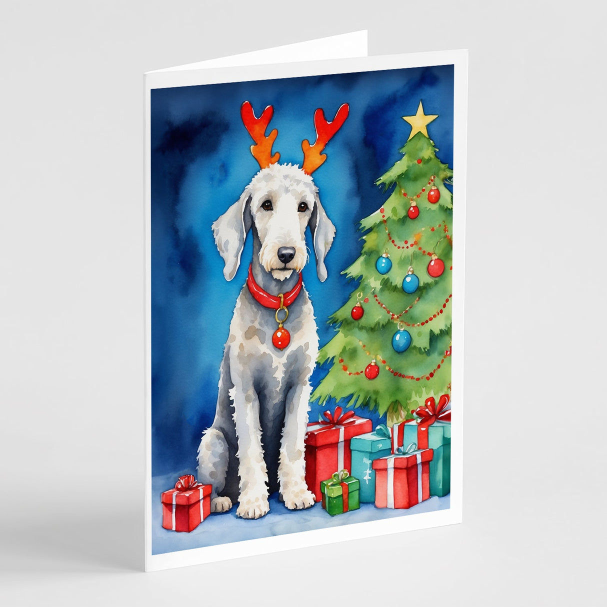 Bedlington Terrier Christmas Reindeer Greeting Cards Pack of 8