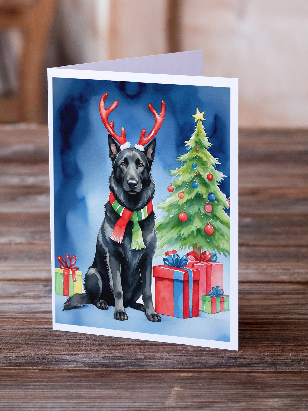 Belgian Sheepdog Christmas Reindeer Greeting Cards Pack of 8