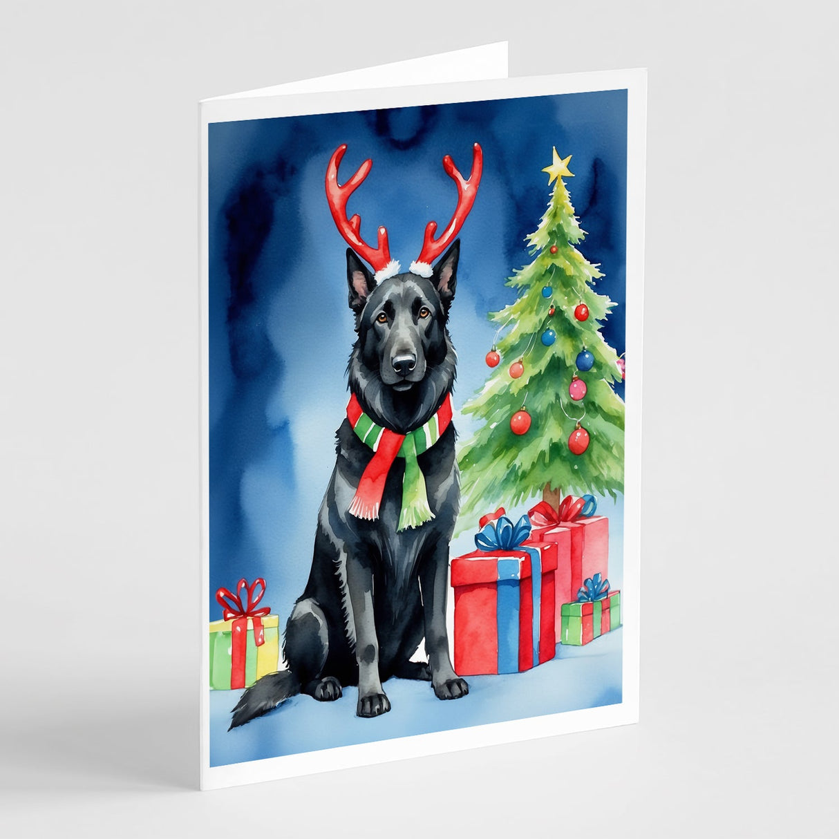 Belgian Sheepdog Christmas Reindeer Greeting Cards Pack of 8