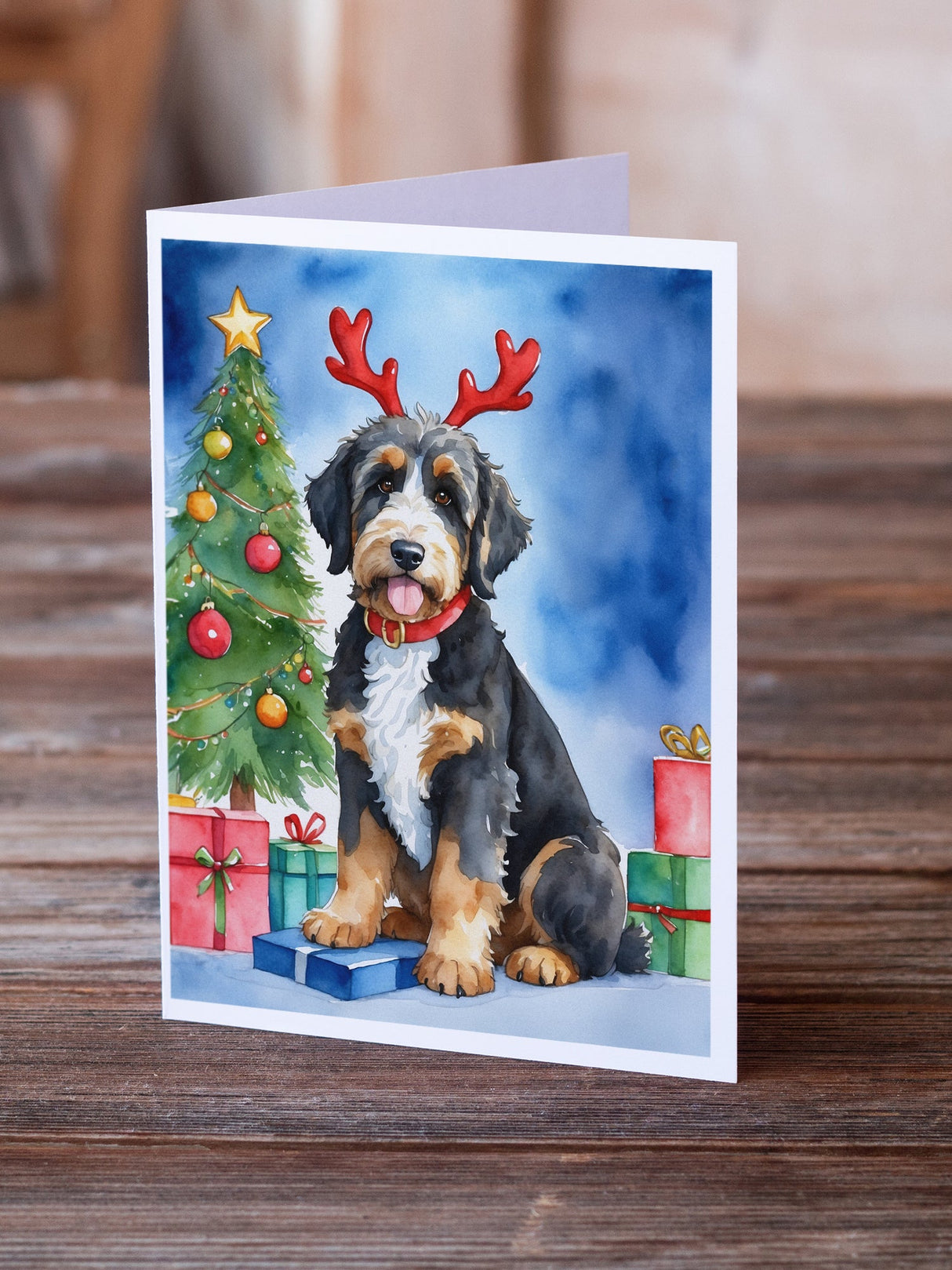 Bernedoodle Christmas Reindeer Greeting Cards Pack of 8