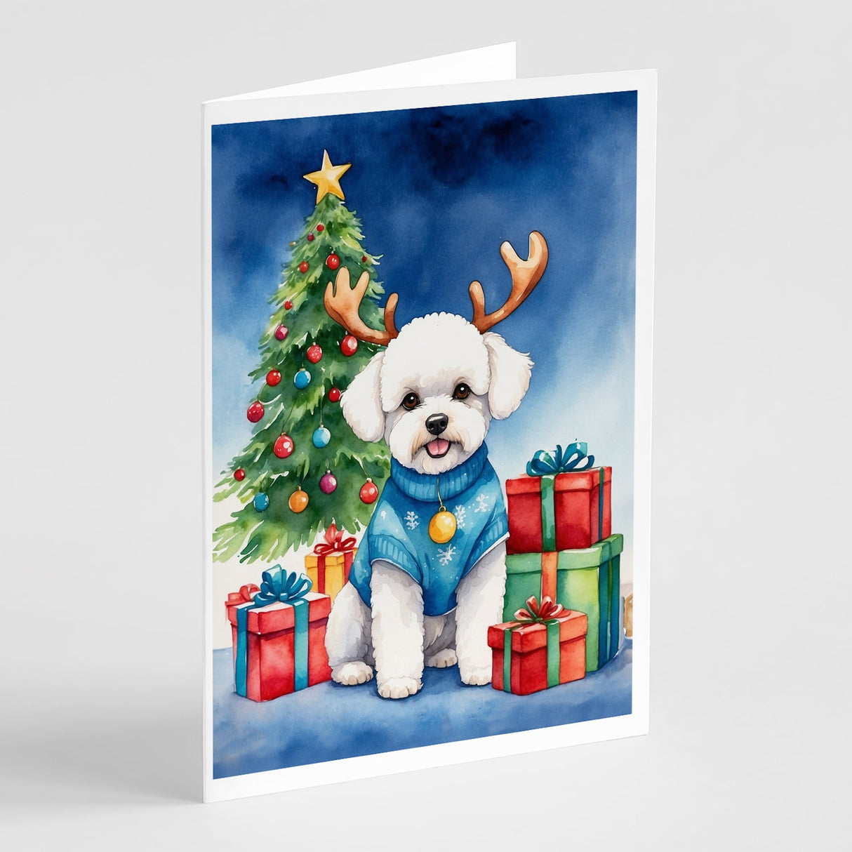 Bichon Frise Christmas Reindeer Greeting Cards Pack of 8