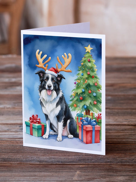 Border Collie Christmas Reindeer Greeting Cards Pack of 8