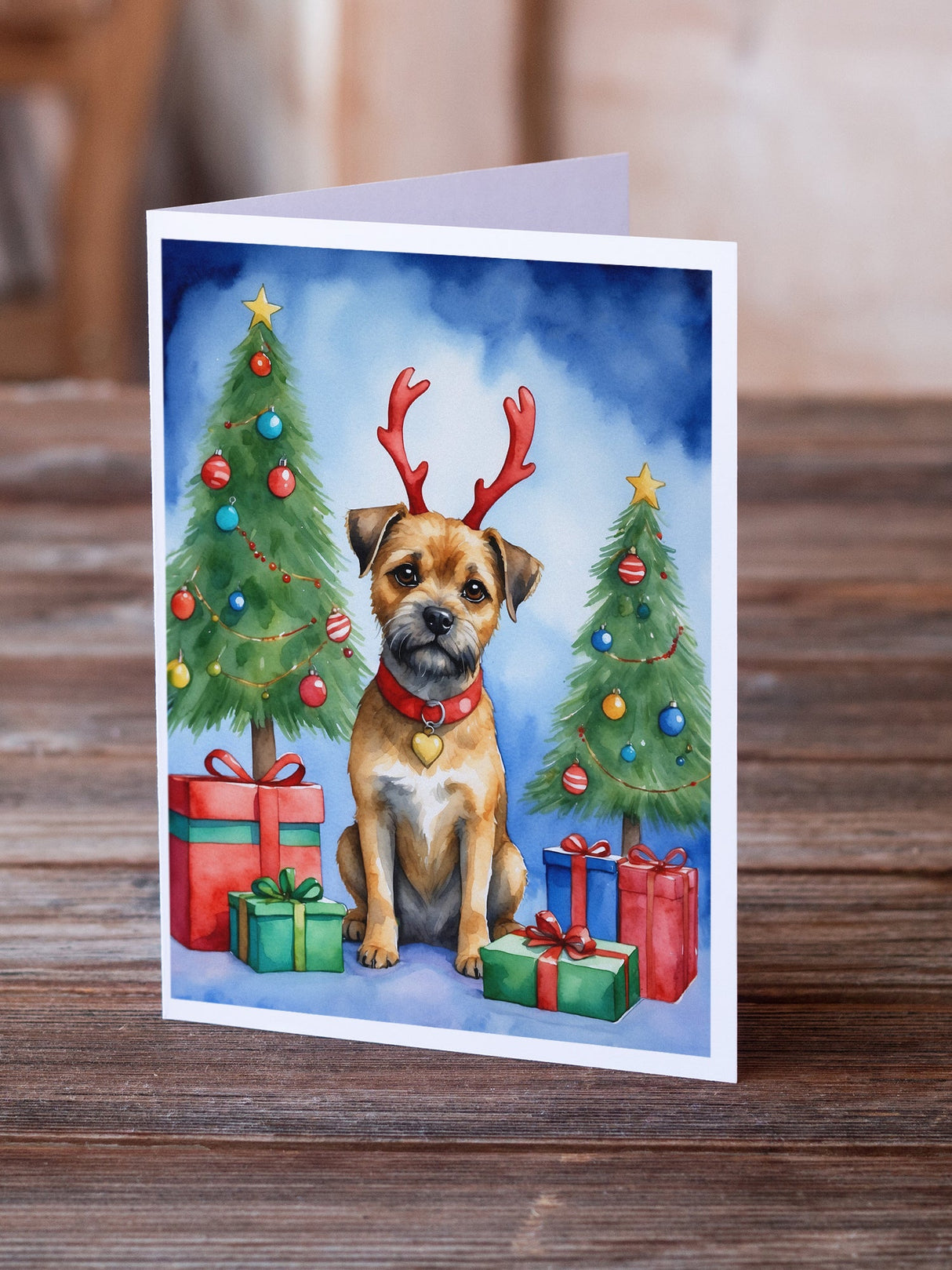 Border Terrier Christmas Reindeer Greeting Cards Pack of 8