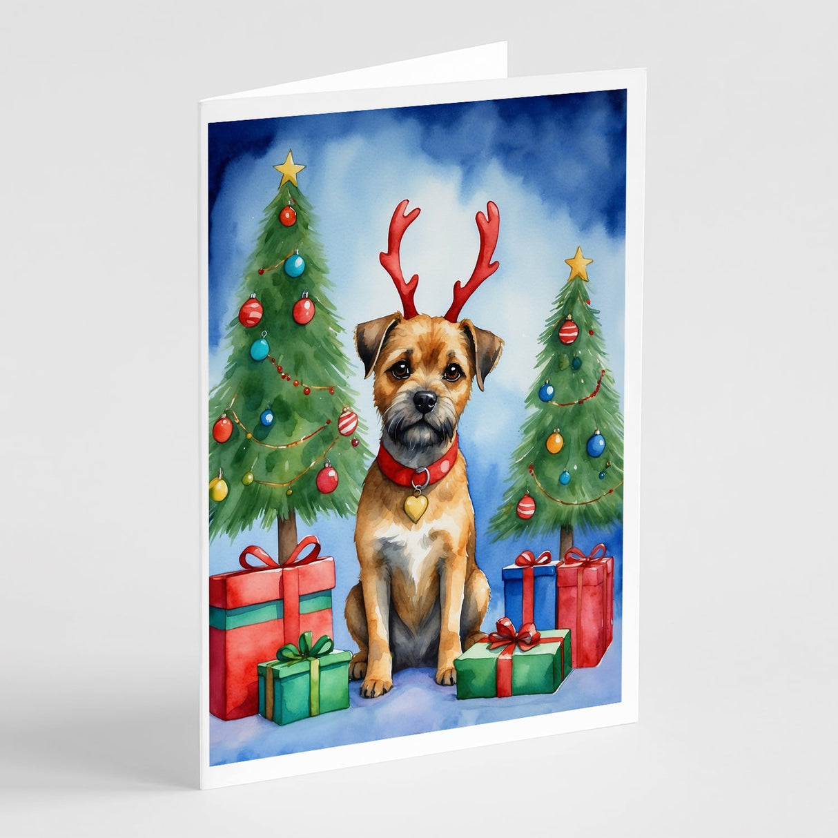 Border Terrier Christmas Reindeer Greeting Cards Pack of 8