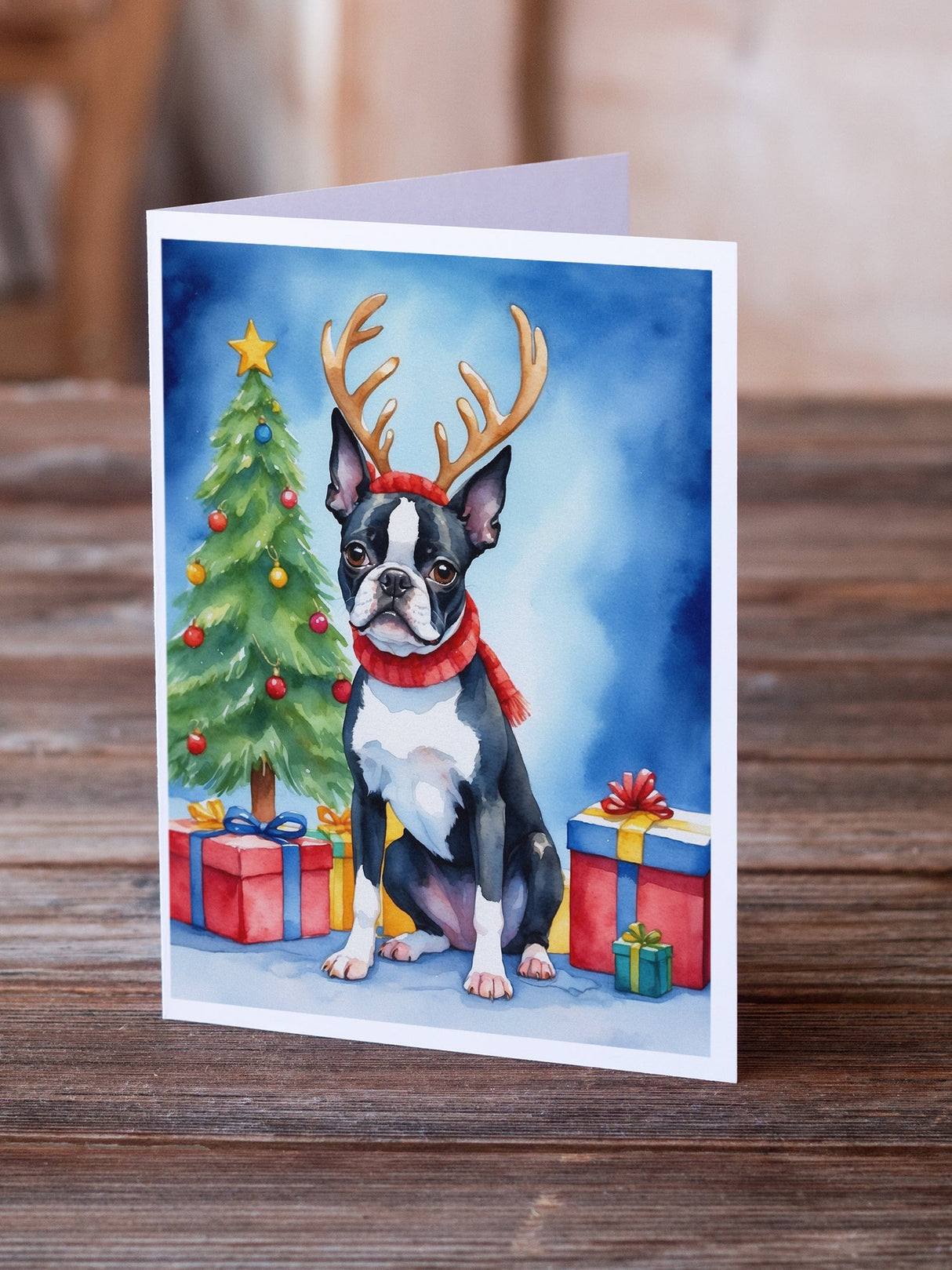 Boston Terrier Christmas Reindeer Greeting Cards Pack of 8