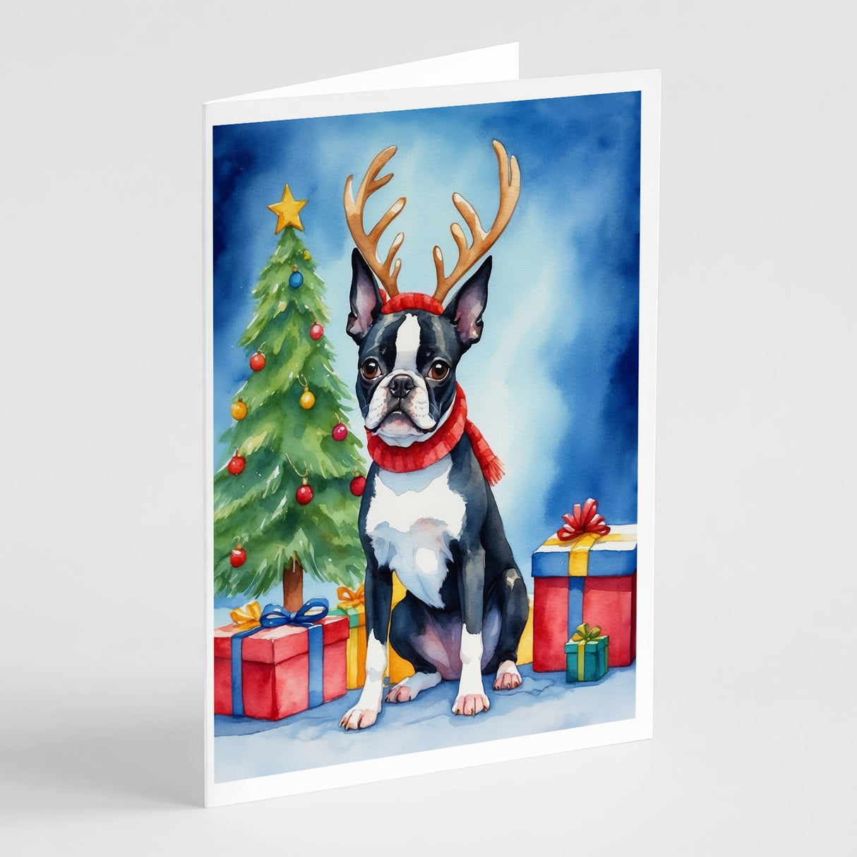 Boston Terrier Christmas Reindeer Greeting Cards Pack of 8