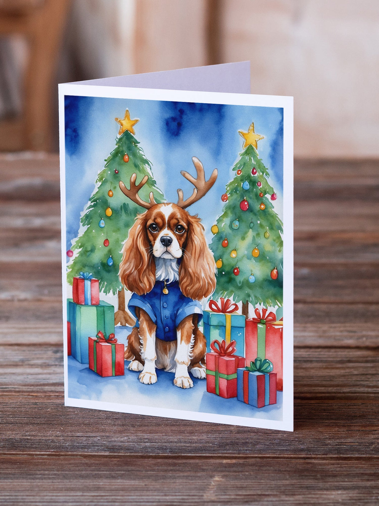 Cavalier Spaniel Christmas Reindeer Greeting Cards Pack of 8