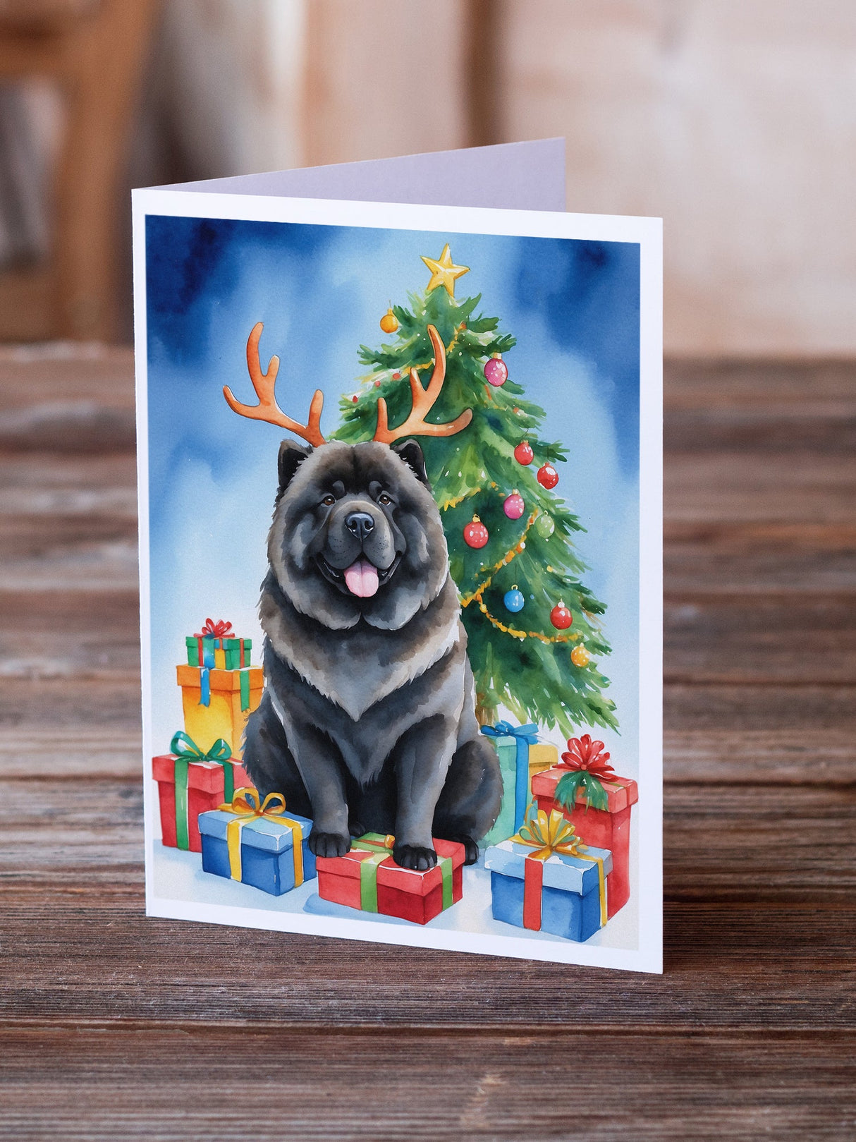 Black Chow Chow Christmas Reindeer Greeting Cards Pack of 8