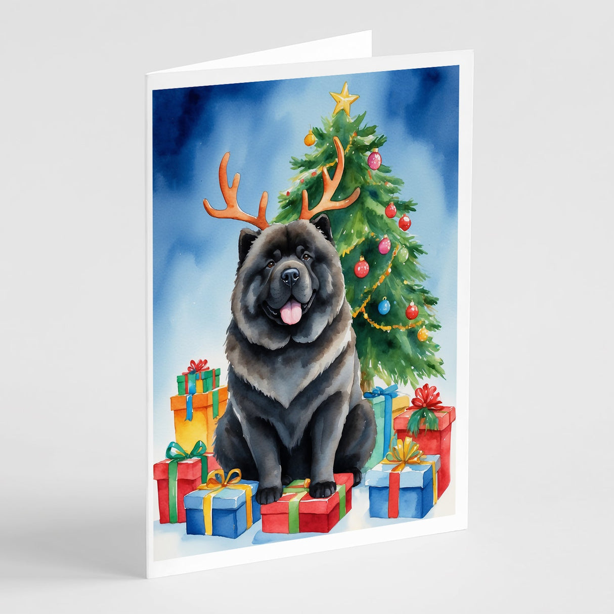 Black Chow Chow Christmas Reindeer Greeting Cards Pack of 8