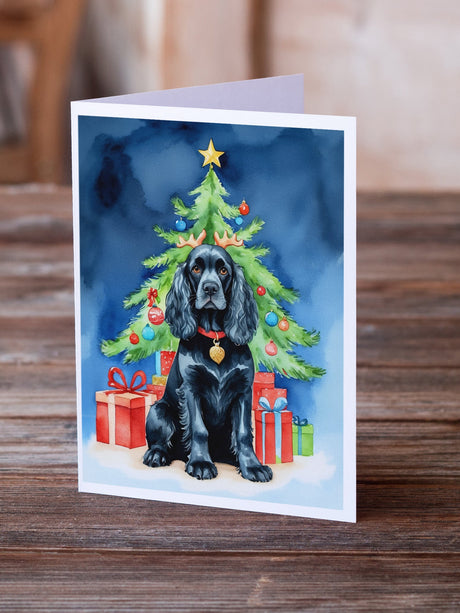 Black Cocker Spaniel Christmas Reindeer Greeting Cards Pack of 8