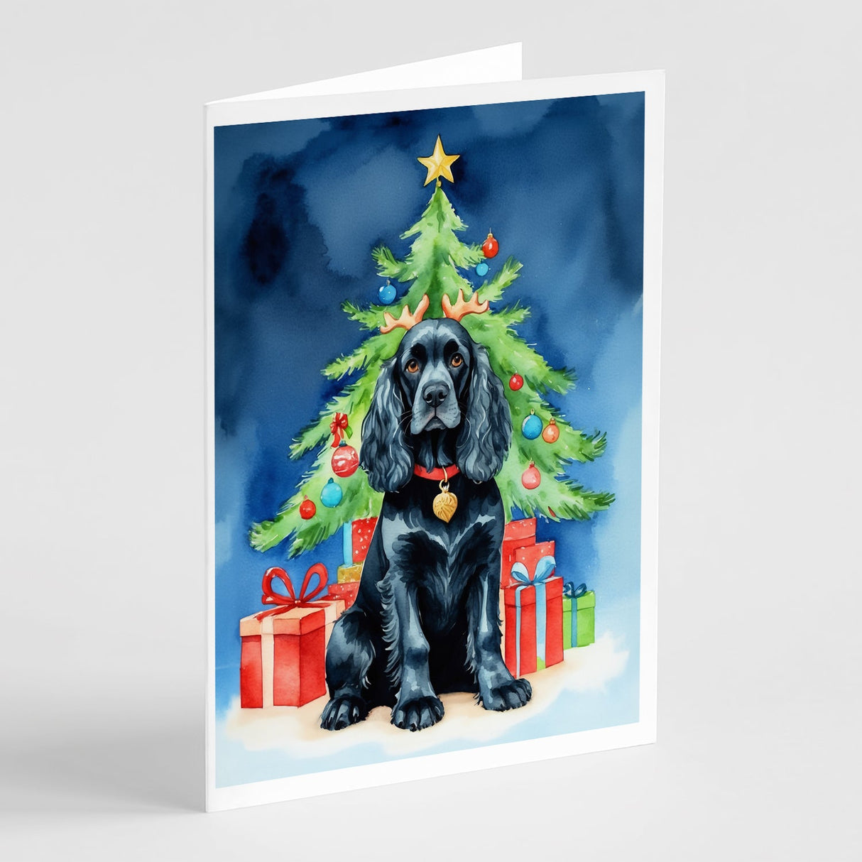 Black Cocker Spaniel Christmas Reindeer Greeting Cards Pack of 8