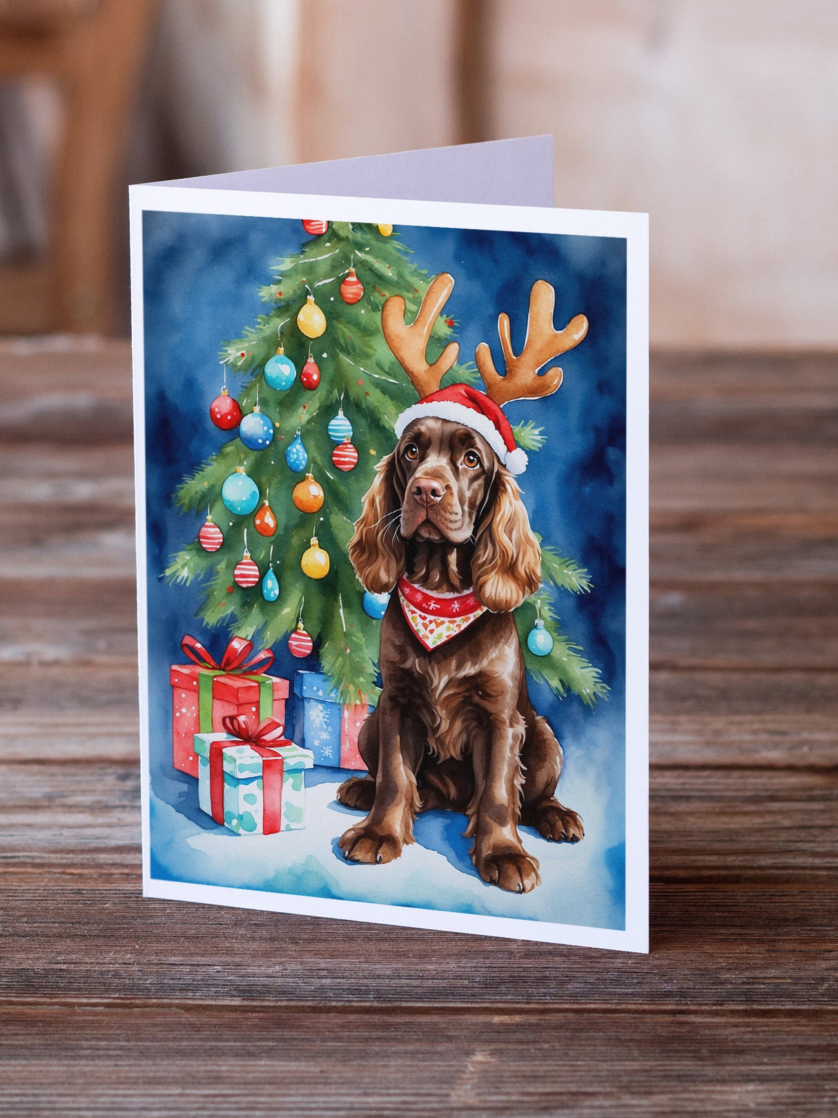 Chocolate Cocker Spaniel Christmas Reindeer Greeting Cards Pack of 8