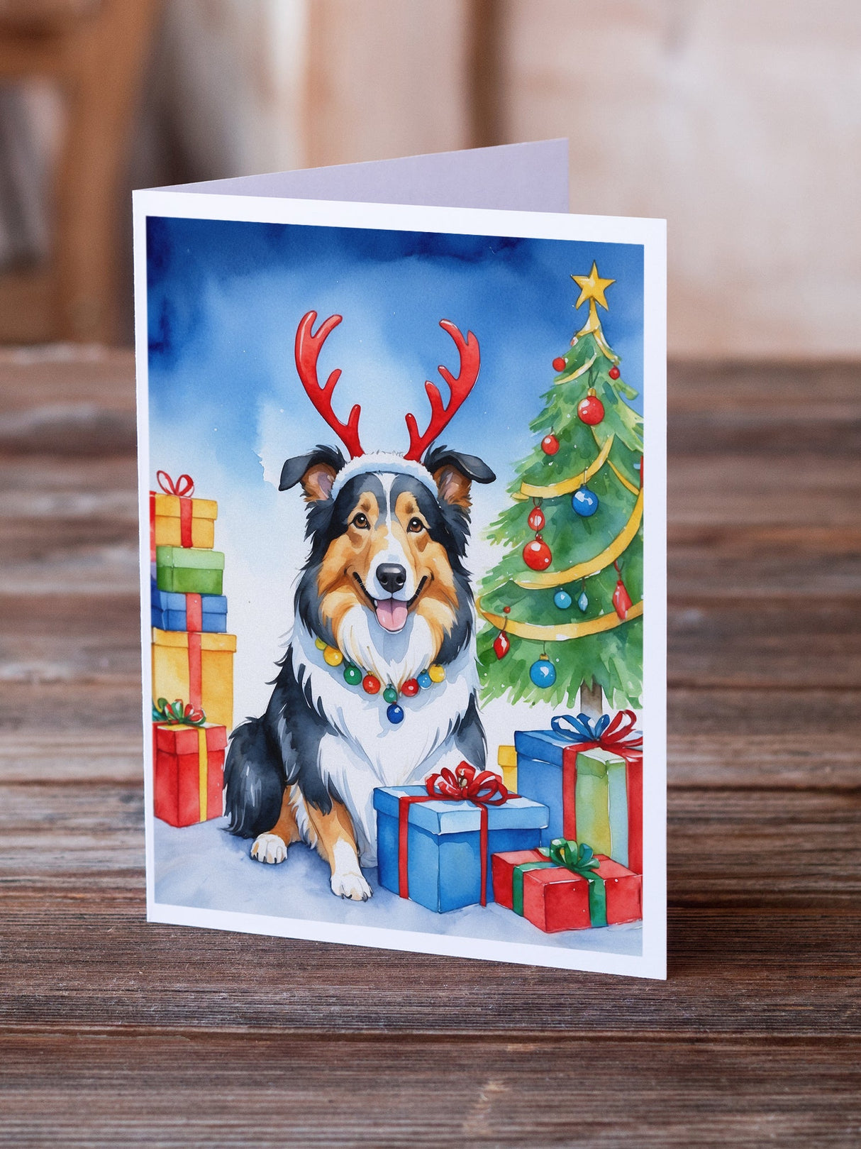 Collie Christmas Reindeer Greeting Cards Pack of 8