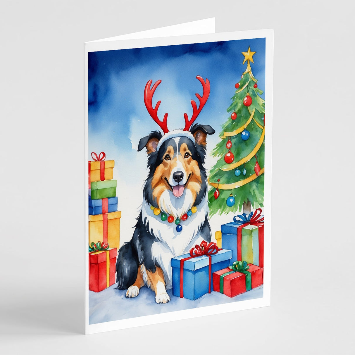 Collie Christmas Reindeer Greeting Cards Pack of 8