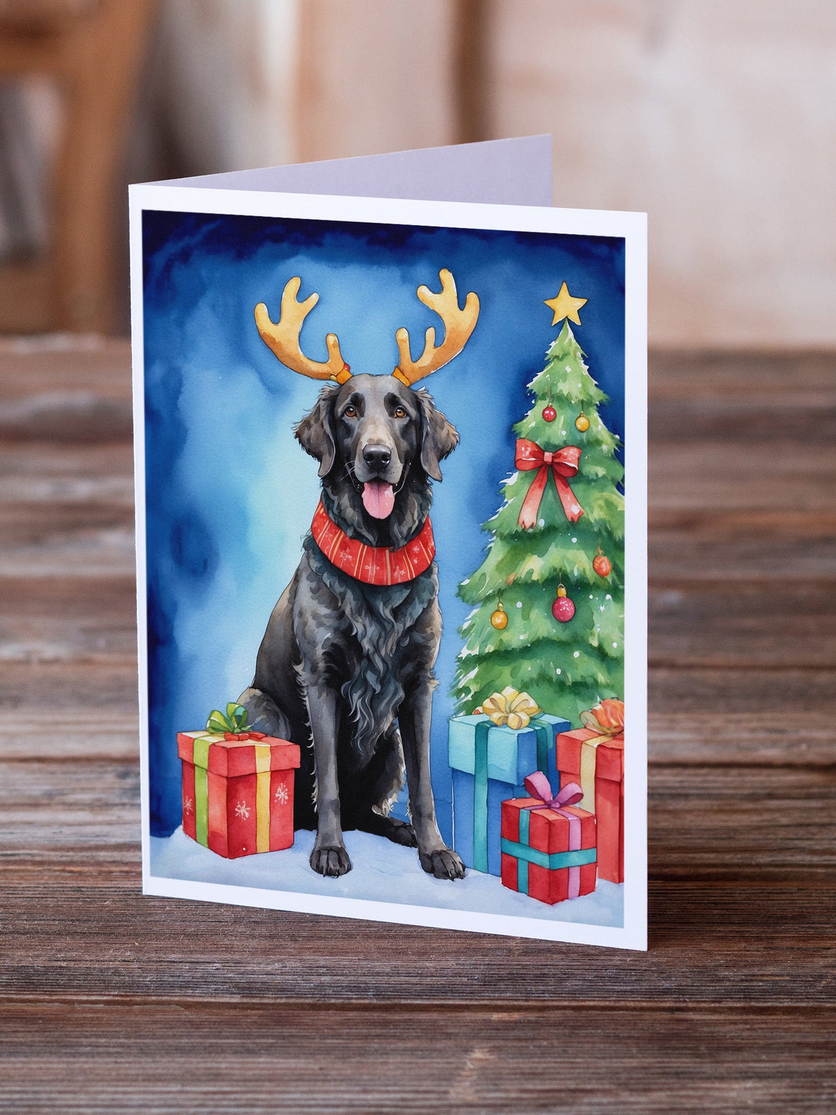 Curly-Coated Retriever Christmas Reindeer Greeting Cards Pack of 8