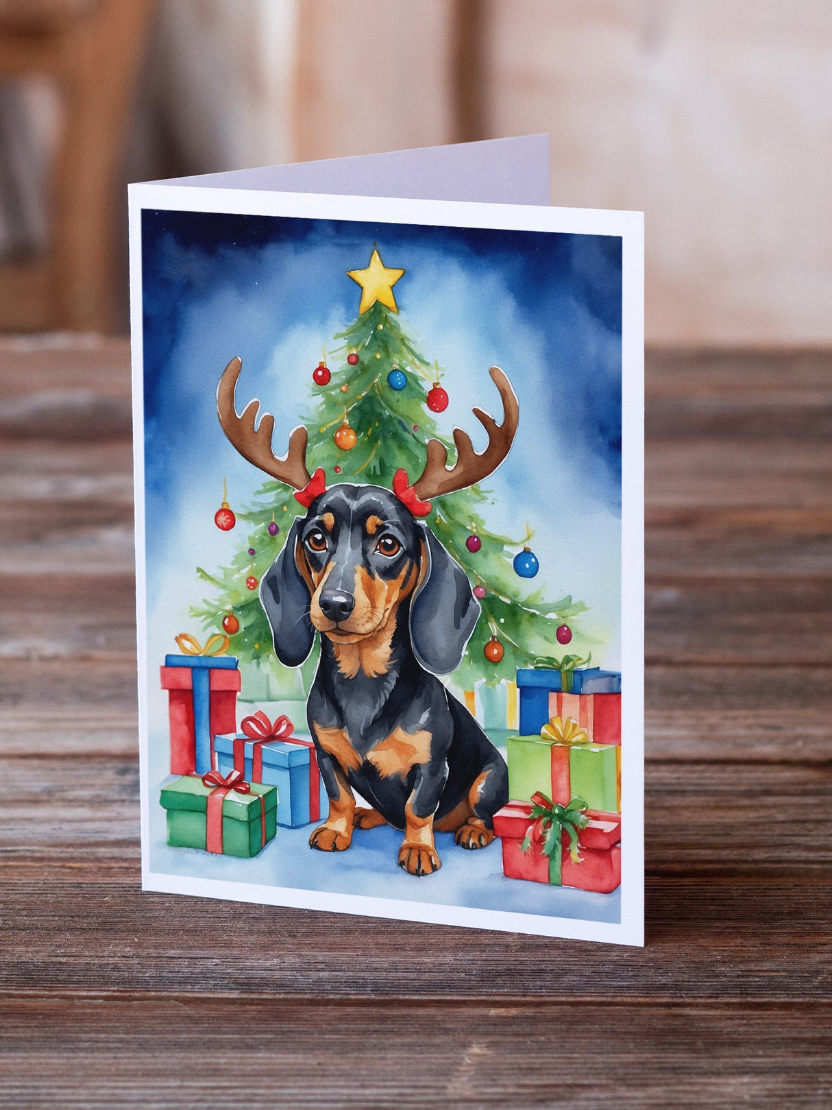 Black and Tan Dachshund Christmas Reindeer Greeting Cards Pack of 8