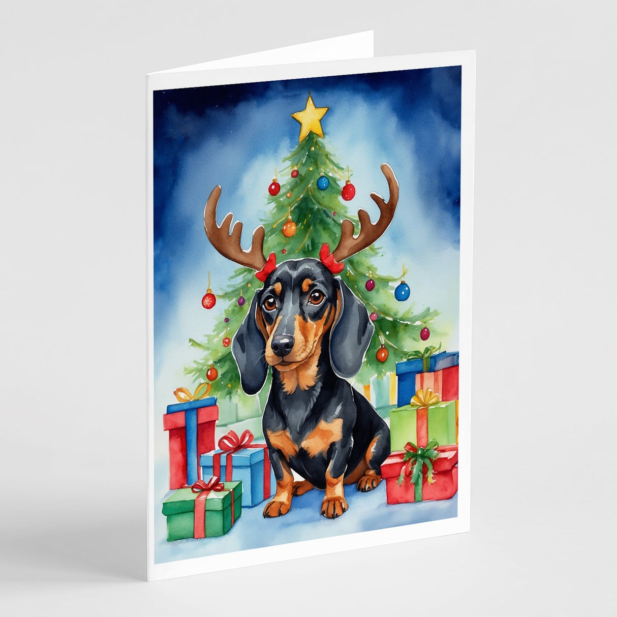 Black and Tan Dachshund Christmas Reindeer Greeting Cards Pack of 8