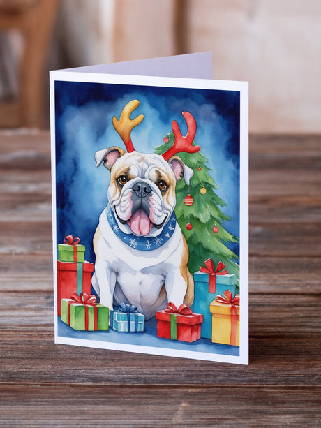 White English Bulldog Christmas Reindeer Greeting Cards Pack of 8