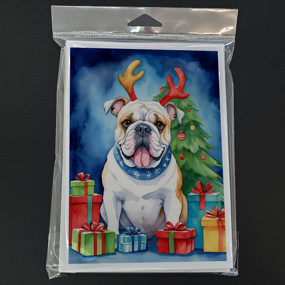 White English Bulldog Christmas Reindeer Greeting Cards Pack of 8