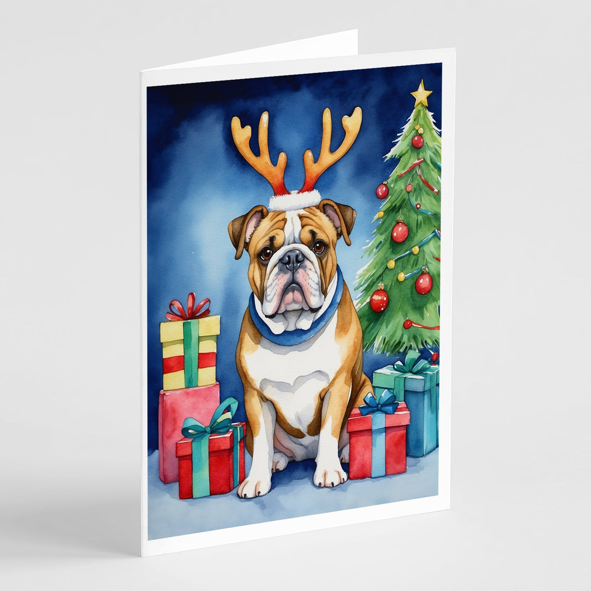 English Bulldog Christmas Reindeer Greeting Cards Pack of 8