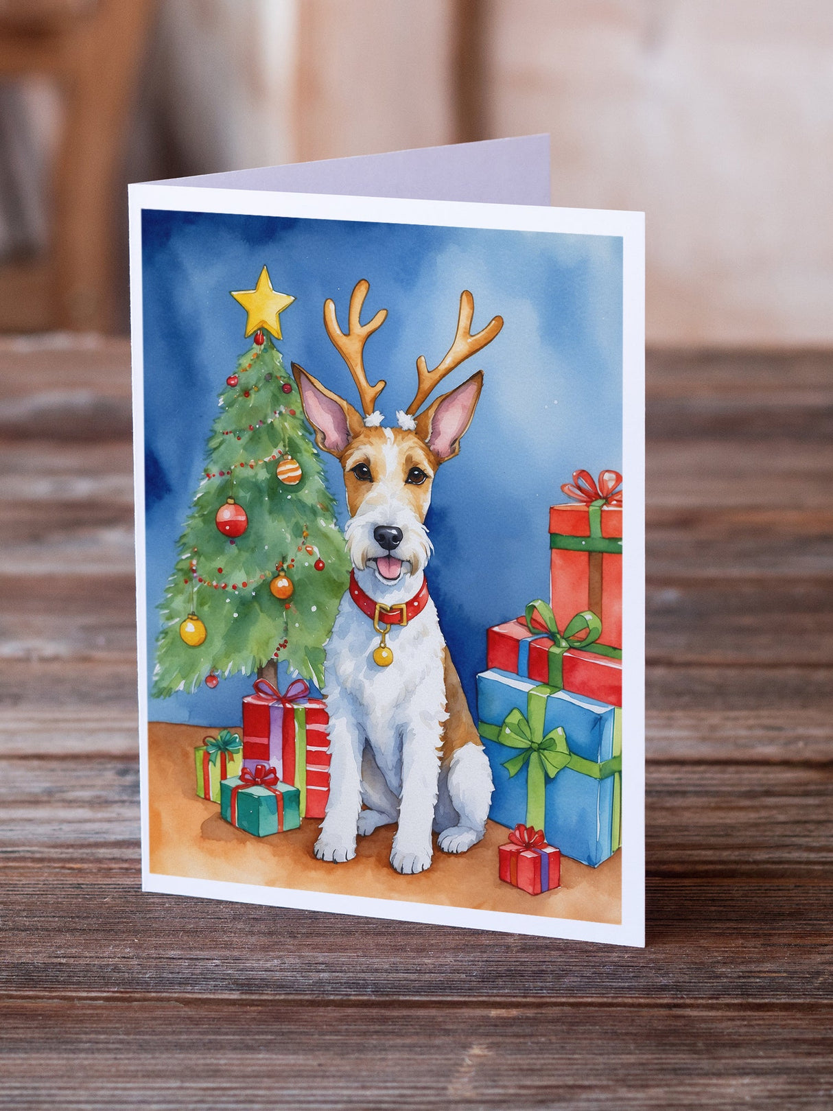 Fox Terrier Christmas Reindeer Greeting Cards Pack of 8