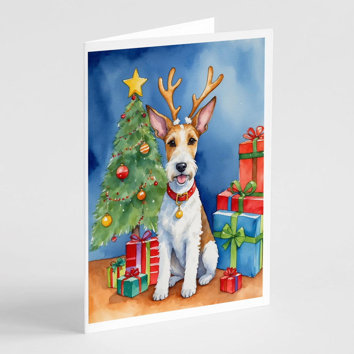 Fox Terrier Christmas Reindeer Greeting Cards Pack of 8