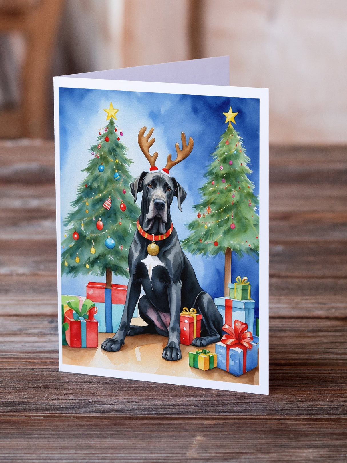 Black Great Dane Christmas Reindeer Greeting Cards Pack of 8