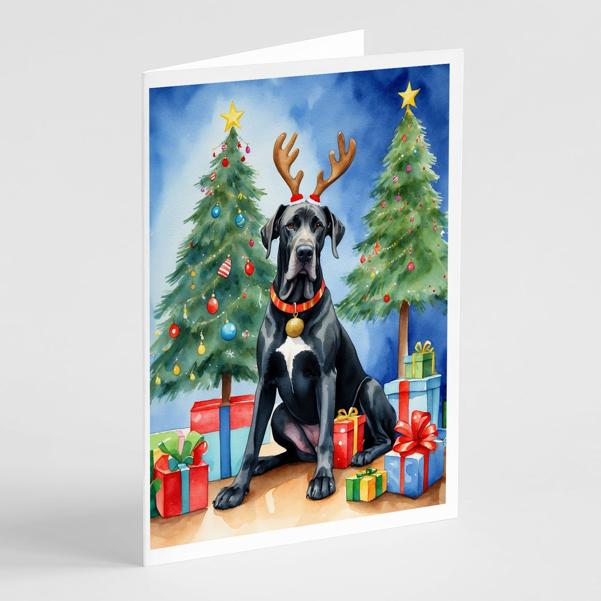 Black Great Dane Christmas Reindeer Greeting Cards Pack of 8