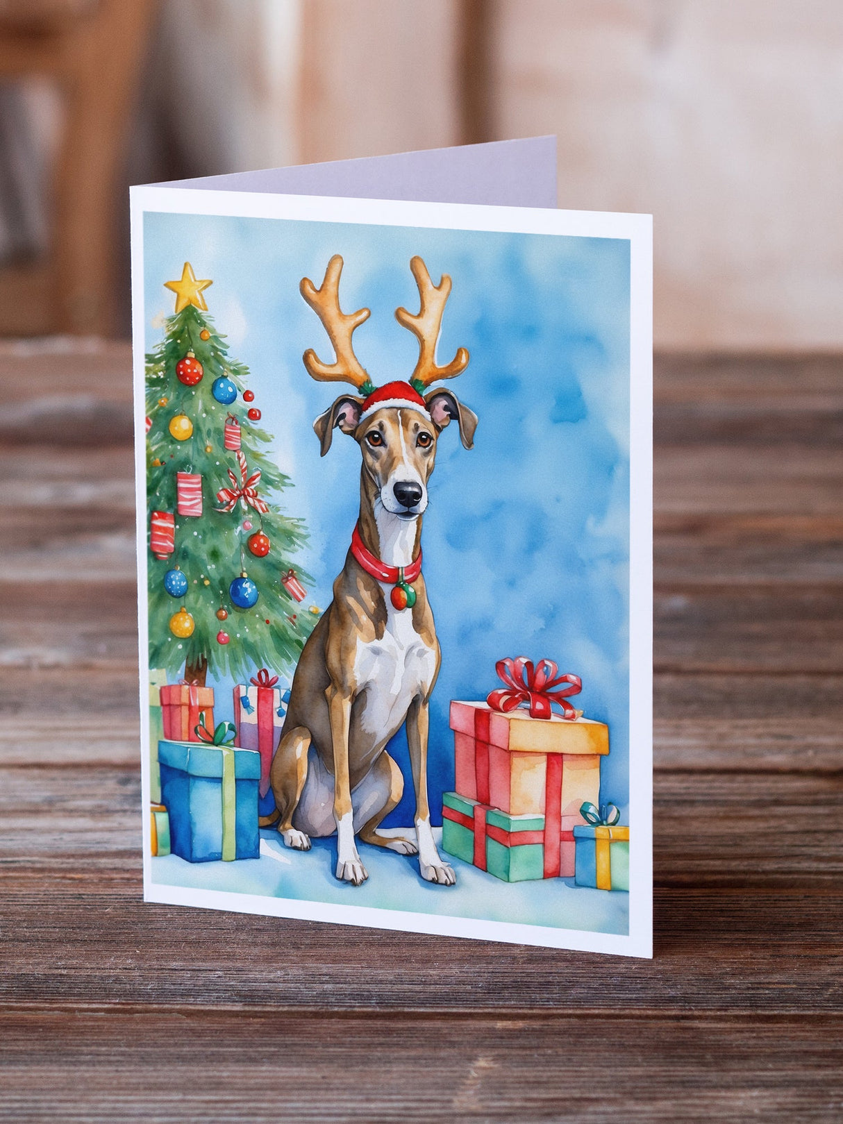 Brindle Greyhound Christmas Reindeer Greeting Cards Pack of 8