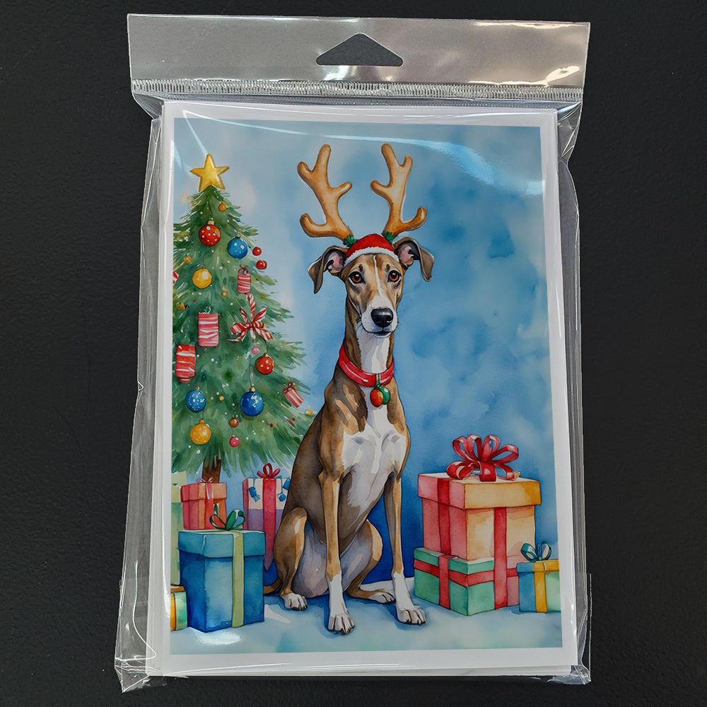 Brindle Greyhound Christmas Reindeer Greeting Cards Pack of 8