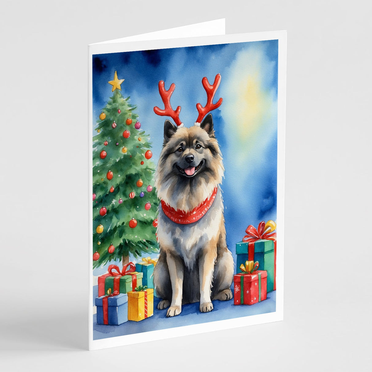 Keeshond Christmas Reindeer Greeting Cards Pack of 8